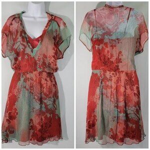 MNG Mango Women's Red/Green Floral Fully Lined V-neck Knee-Length Sundress Sz 4